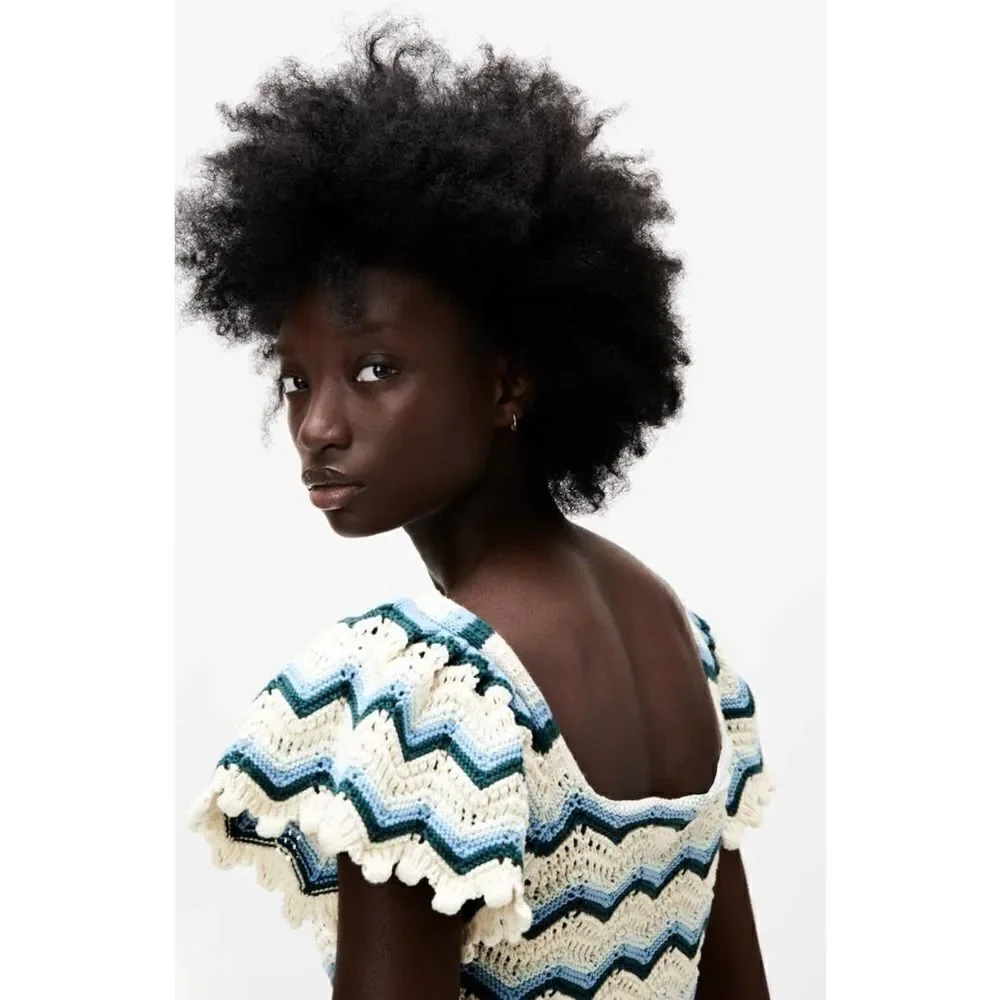 Zara knitted cotton top square neck blue ruffles